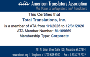 American Translators Association corporate membership certificate for Total Translations, Inc., member number 1-109619, valid through 12/31/2026